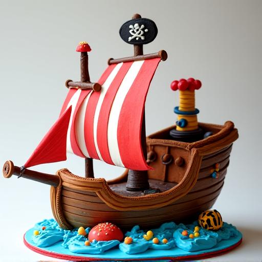 A whimsical children's birthday cake shaped like a pirate ship.