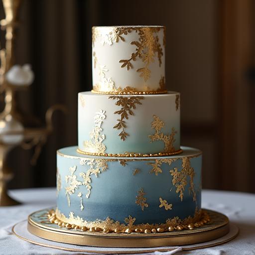 An elegant anniversary cake with gold leaf detailing.