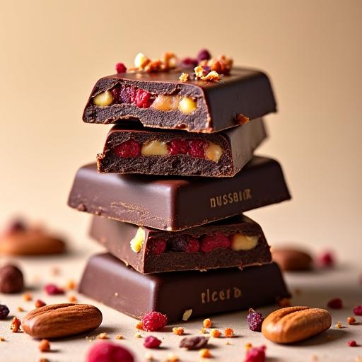 Stack of artisanal chocolate bars with various inclusions like nuts and dried fruit.