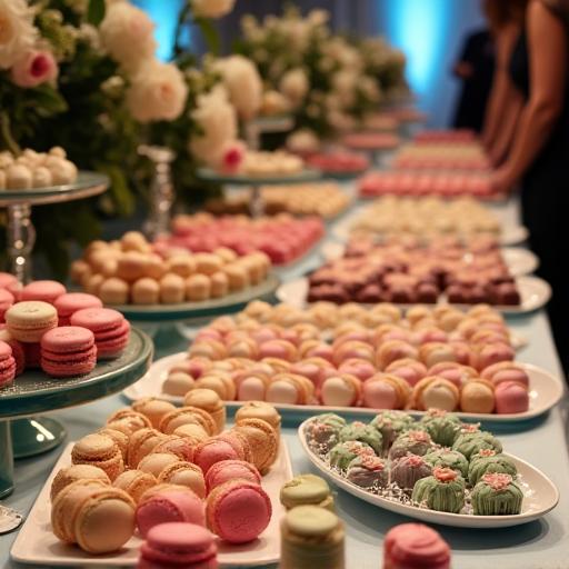 A lavish dessert table at a wedding reception, filled with colourful macarons and mini-cakes.