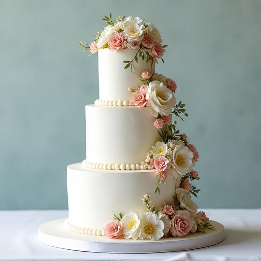 A four-tier wedding cake with cascading sugar flowers.