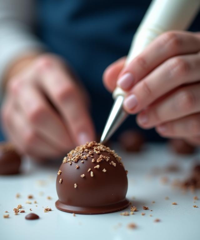 Close-up shot of a pastry chef carefully piping intricate details onto a chocolate truffle.
